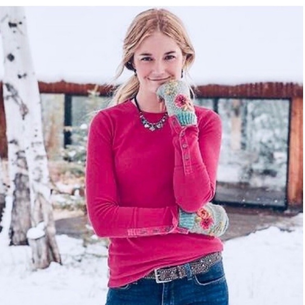 Sundance Womens Pink Waffle Knit Thermal Top Velvet Button Cuff Long Sleeve S